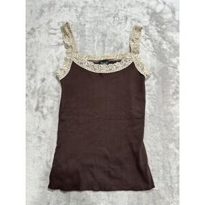 Fame Knitworks Y2K Tank Top Women's Size Medium Brown With Beige Lace Trim EUC